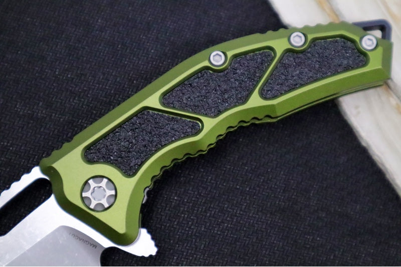 Heretic Knives Medusa Manual Flipper - Tanto Blade / CPM-Magnacut Steel / OD Green Anodized Aluminum Handle with Black Grip-Tape Inlays / Battleworn Finished Blade and Hardware H009-5A-GRN - Northwest Knives