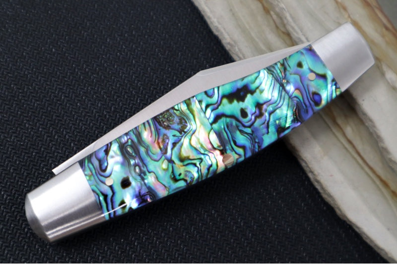 Jack Wolf Knives Stockman Slipjoint - Abalone Handle & Stainless Steel Bolsters / Clip Point Blade / Sandvik 14C28N Steel / Satin Finish - Northwest Knives