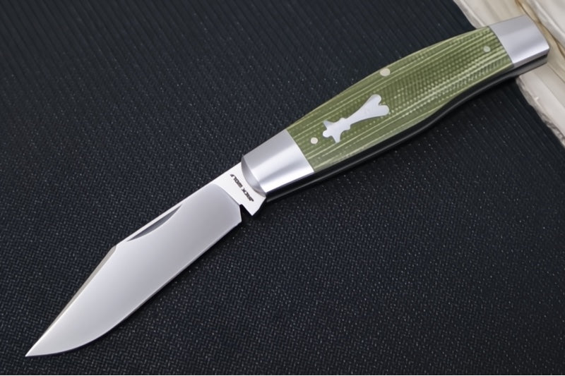 Jack Wolf Knives Stockman Slipjoint - Green Canvas Micarta Handle & Stainless Steel Bolsters / Clip Point Blade / Sandvik 14C28N Steel / Satin Finish - Northwest Knives