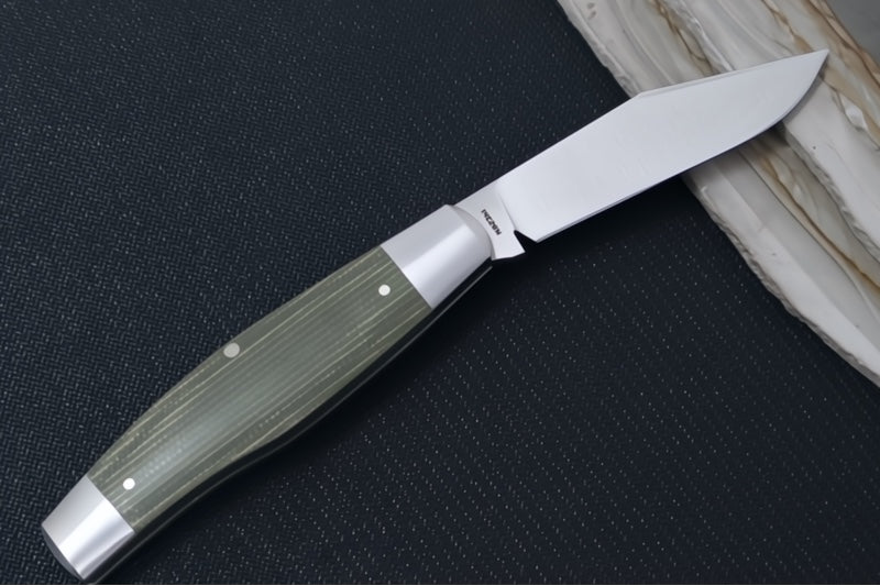Jack Wolf Knives Stockman Slipjoint - Green Canvas Micarta Handle & Stainless Steel Bolsters / Clip Point Blade / Sandvik 14C28N Steel / Satin Finish - Northwest Knives