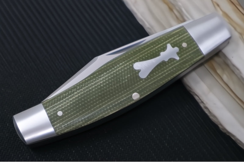 Jack Wolf Knives Stockman Slipjoint - Green Canvas Micarta Handle & Stainless Steel Bolsters / Clip Point Blade / Sandvik 14C28N Steel / Satin Finish - Northwest Knives