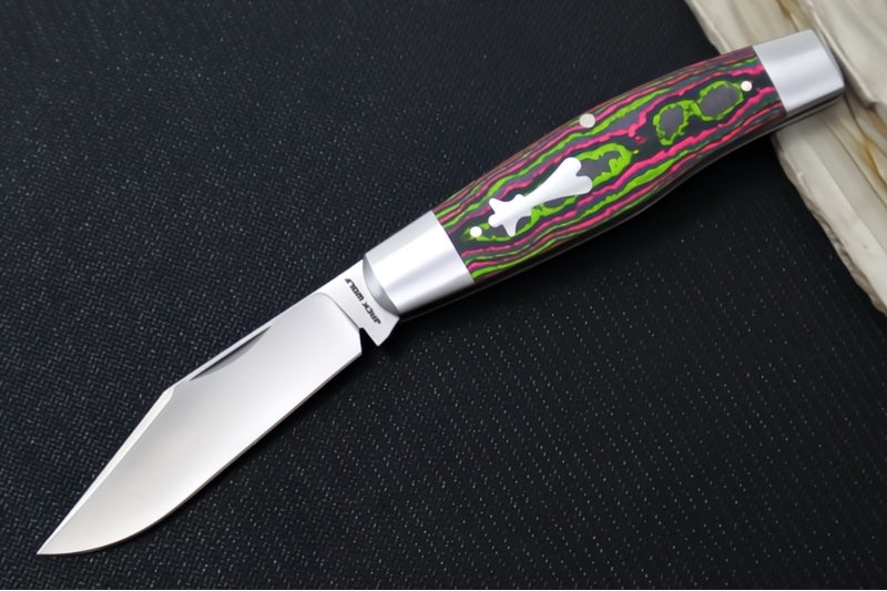 Jack Wolf Knives Stockman Slipjoint - CamoCarbon Watermelon Sugar Handle & Stainless Steel Bolsters / Clip Point Blade / Sandvik 14C28N Steel / Satin Finish