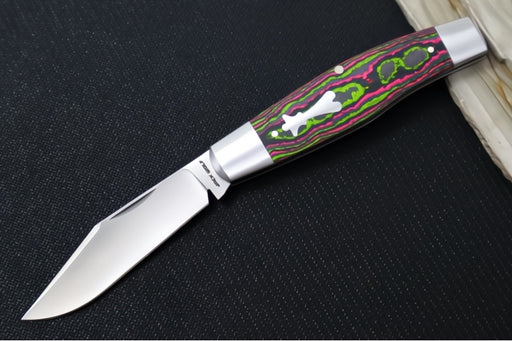 Jack Wolf Knives Stockman Slipjoint - CamoCarbon Watermelon Sugar Handle & Stainless Steel Bolsters / Clip Point Blade / Sandvik 14C28N Steel / Satin Finish - Northwest Knives