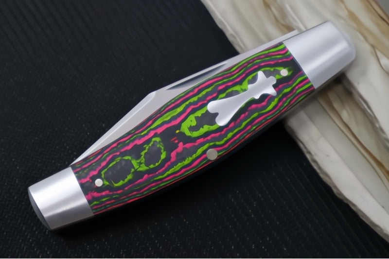 Jack Wolf Knives Stockman Slipjoint - CamoCarbon Watermelon Sugar Handle & Stainless Steel Bolsters / Clip Point Blade / Sandvik 14C28N Steel / Satin Finish