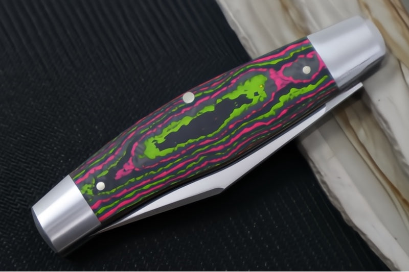 Jack Wolf Knives Stockman Slipjoint - CamoCarbon Watermelon Sugar Handle & Stainless Steel Bolsters / Clip Point Blade / Sandvik 14C28N Steel / Satin Finish