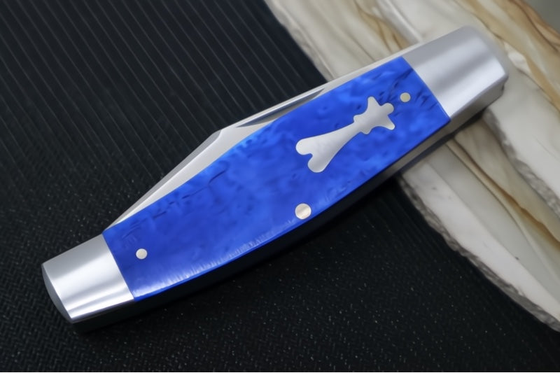 Jack Wolf Knives Stockman Slipjoint - Smooth Blue Bone Handle & Stainless Steel Bolsters / Clip Point Blade / Sandvik 14C28N Steel / Satin Finish - Northwest Knives