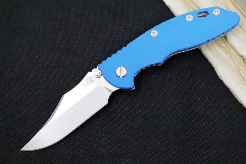 Rick Hinderer Knives XM-18 3.5" Nonflipper - Stonewashed Finish / Bowie Blade / Blue G-10 Handle