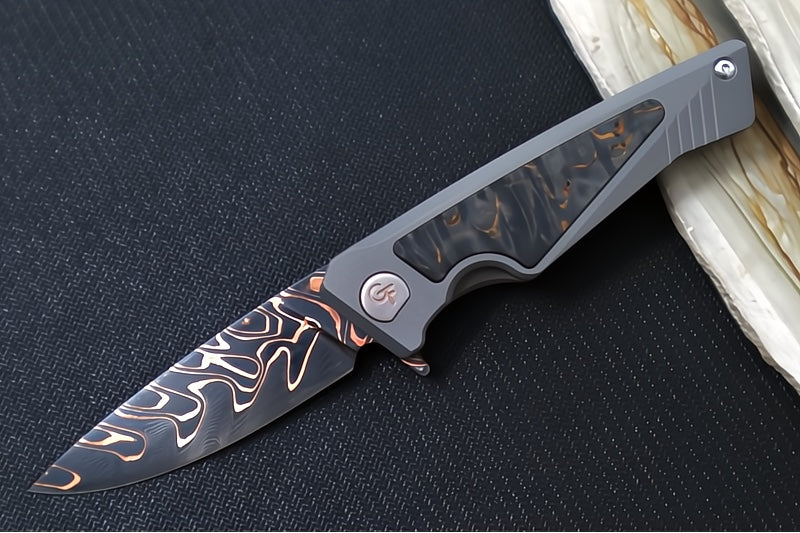 Greylock Forge Knives Flipper - Full Titanium Handle with Artic Curly Carbon Fiber Inlay / Baker Forged Damascus Fury Chevron Blade / Titanium Anodized Clip