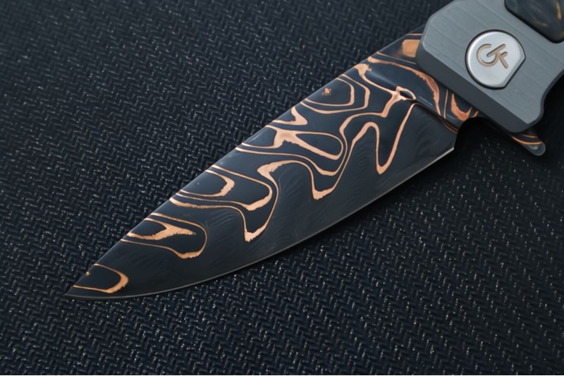 Greylock Forge Knives Flipper - Full Titanium Handle with Artic Curly Carbon Fiber Inlay / Baker Forged Damascus Fury Chevron Blade / Titanium Anodized Clip
