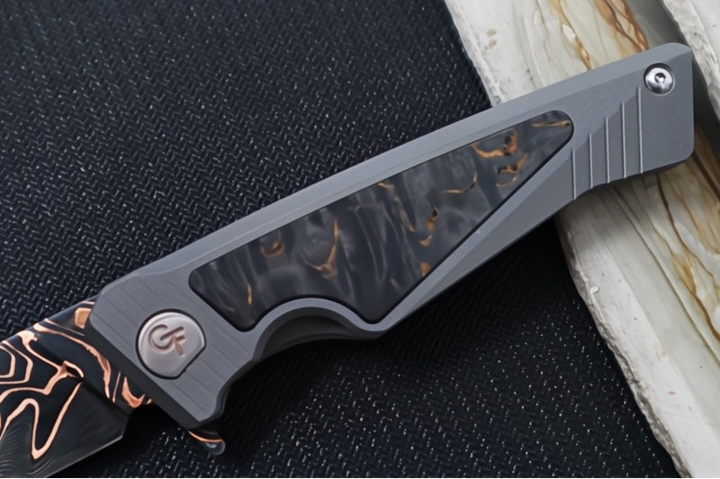Greylock Forge Knives Flipper - Full Titanium Handle with Artic Curly Carbon Fiber Inlay / Baker Forged Damascus Fury Chevron Blade / Titanium Anodized Clip