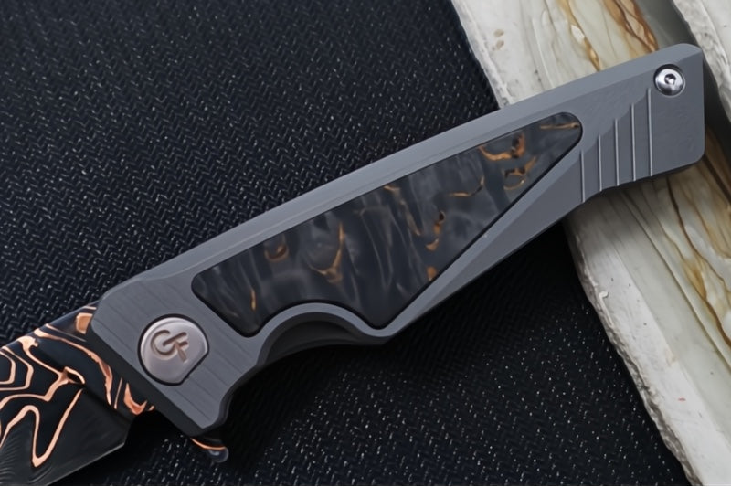 Greylock Forge Knives Flipper - Full Titanium Handle with Artic Curly Carbon Fiber Inlay / Baker Forged Damascus Fury Chevron Blade / Titanium Anodized Clip