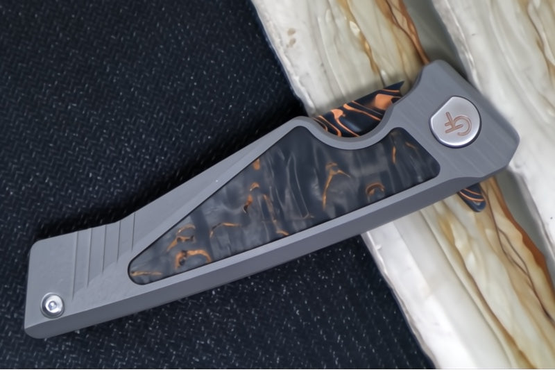 Greylock Forge Knives Flipper - Full Titanium Handle with Artic Curly Carbon Fiber Inlay / Baker Forged Damascus Fury Chevron Blade / Titanium Anodized Clip