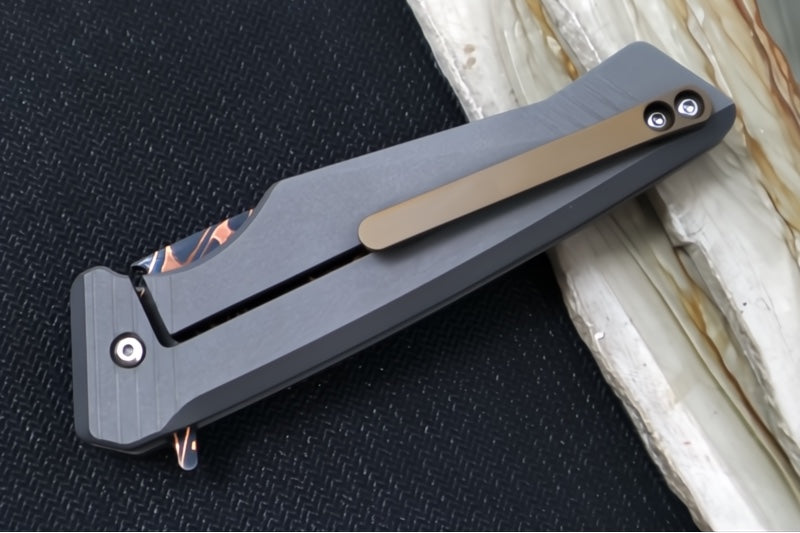 Greylock Forge Knives Flipper - Full Titanium Handle with Artic Curly Carbon Fiber Inlay / Baker Forged Damascus Fury Chevron Blade / Titanium Anodized Clip