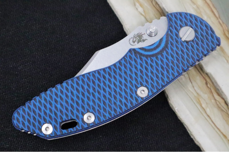 Rick Hinderer Knives XM-18 3.5" Nonflipper - Stonewashed Finish / Bowie Blade / Black & Blue G-10 Handle