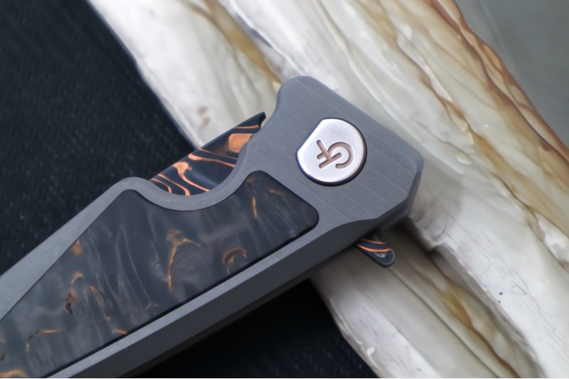 Greylock Forge Knives Flipper - Full Titanium Handle with Artic Curly Carbon Fiber Inlay / Baker Forged Damascus Fury Chevron Blade / Titanium Anodized Clip