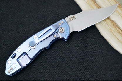 Rick Hinderer Knives XM-18 3.5" Nonflipper - Stonewashed Blue Finish / Bowie Blade / Black & Blue G-10 Handle