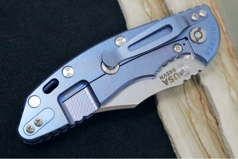 Rick Hinderer Knives XM-18 3.5" Nonflipper - Stonewashed Blue Finish / Bowie Blade / Black & Blue G-10 Handle