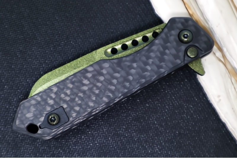 Heretic Knives Jinn Flipper - Carbon Fiber Handle / Metallic Green Finished Blade / Sheepsfoot Blade / CPM-Magnacut Steel H213-MG-CF