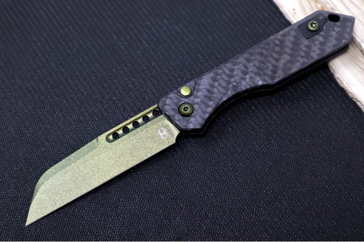 Heretic Knives Jinn Auto - Carbon Fiber Handle / Metallic Green Finished Blade / Sheepsfoot Blade / CPM-Magnacut Steel H113-MG-CF - Northwest Knives