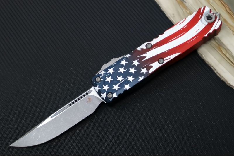 Microtech UTX-85 OTF Gen IV 250th Anniversary 4th of July Edition - Single Edge Blade / Apocolyptic Finish / "250th Anniversary 4th of July" Aluminum Handle 12314-10APS-4J250