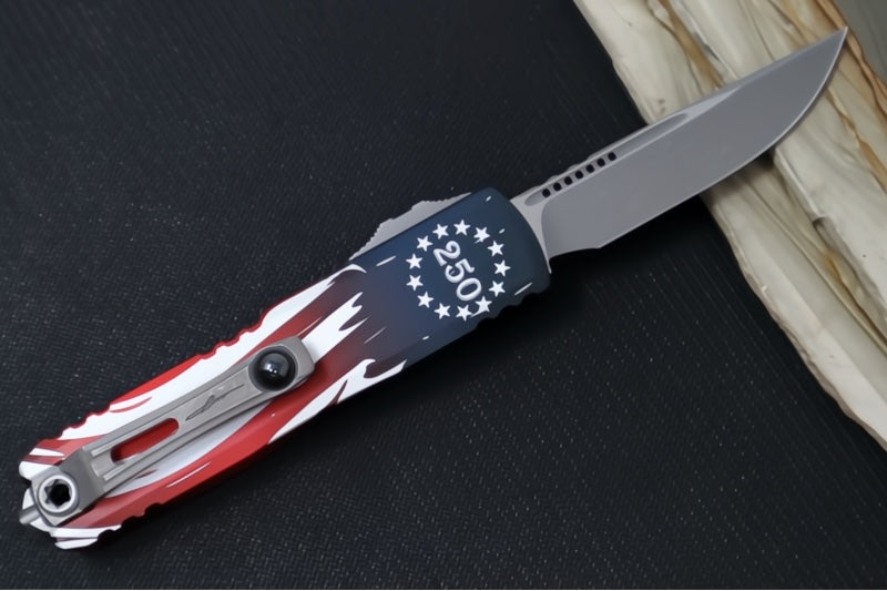 Microtech UTX-85 OTF Gen IV 250th Anniversary 4th of July Edition - Single Edge Blade / Apocolyptic Finish / "250th Anniversary 4th of July" Aluminum Handle 12314-10APS-4J250