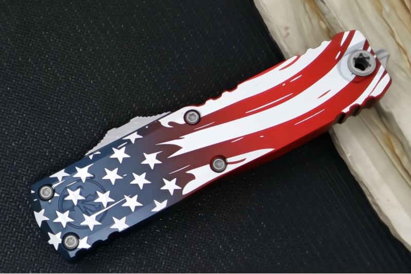 Microtech UTX-85 OTF Gen IV 250th Anniversary 4th of July Edition - Single Edge Blade / Apocolyptic Finish / "250th Anniversary 4th of July" Aluminum Handle 12314-10APS-4J250
