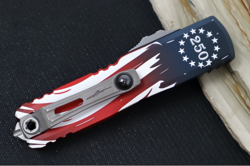 Microtech UTX-85 OTF Gen IV 250th Anniversary 4th of July Edition - Single Edge Blade / Apocolyptic Finish / "250th Anniversary 4th of July" Aluminum Handle 12314-10APS-4J250