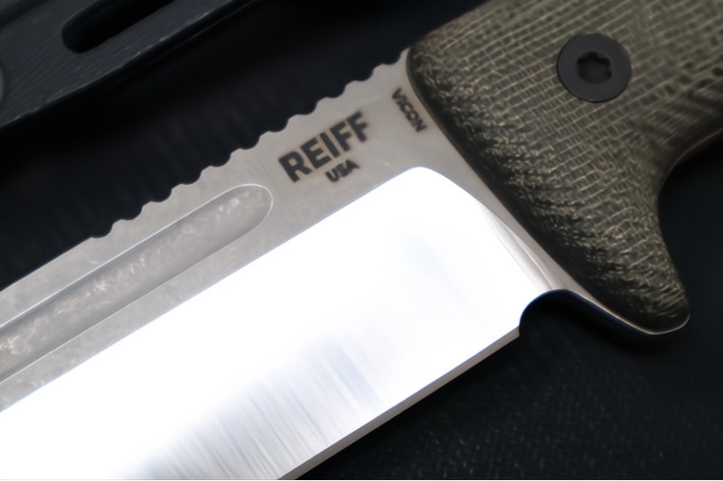 Reiff Knives Vicon Fixed Blade - Green Canvas Micarta Handle / CPM-Magnacut Steel / Two-Toned Clip Point Blade / Black Kydex Sheath