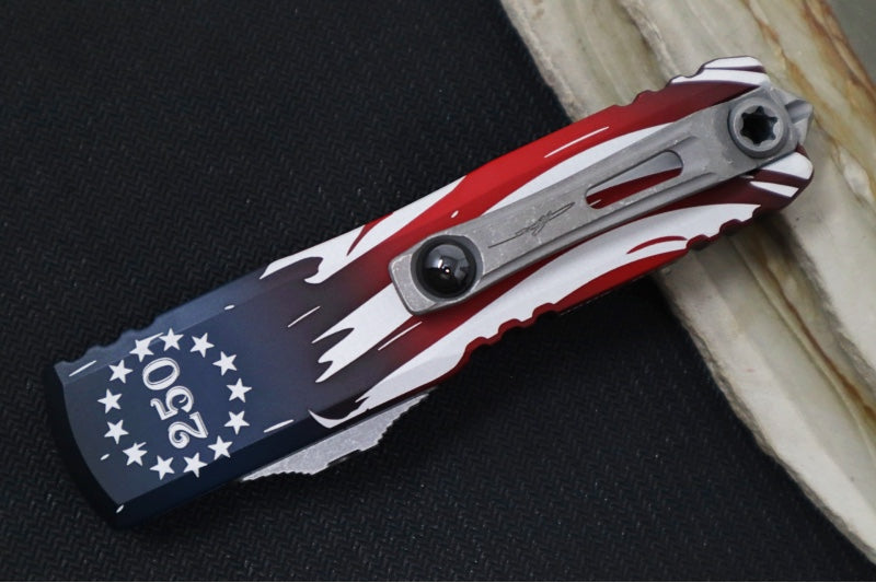 Microtech UTX-85 OTF Gen IV 250th Anniversary 4th of July Edition - Tanto Blade / Apocolyptic Finish / "250th Anniversary 4th of July" Aluminum Handle 12334-10APS-4J250