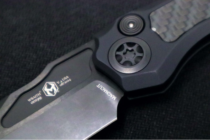 Heretic Knives Wraith Auto - Black DLC Bowie Blade / Glow in the Dark Carbon Fiber Handle / Tritium Button Inlay H002-6A-GLO/CF