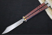 Benchmade Necron 99-241 Gold Class Balisong Butterfly Knife - Weehawk Damasteel / Scimitar-Clip Point Blade / Lava Flow Fatcarbon Carbon Fiber Handle / Removable Tungsten Weights / Black Alligator Leather Sheath - Northwest Knives
