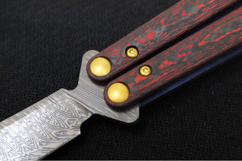 Benchmade Necron 99-241 Gold Class Balisong Butterfly Knife - Weehawk Damasteel / Scimitar-Clip Point Blade / Lava Flow Fatcarbon Carbon Fiber Handle / Removable Tungsten Weights / Black Alligator Leather Sheath - Northwest Knives