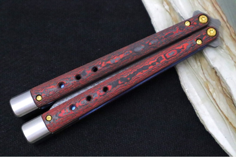 Benchmade Necron 99-241 Gold Class Balisong Butterfly Knife - Weehawk Damasteel / Scimitar-Clip Point Blade / Lava Flow Fatcarbon Carbon Fiber Handle / Removable Tungsten Weights / Black Alligator Leather Sheath - Northwest Knives