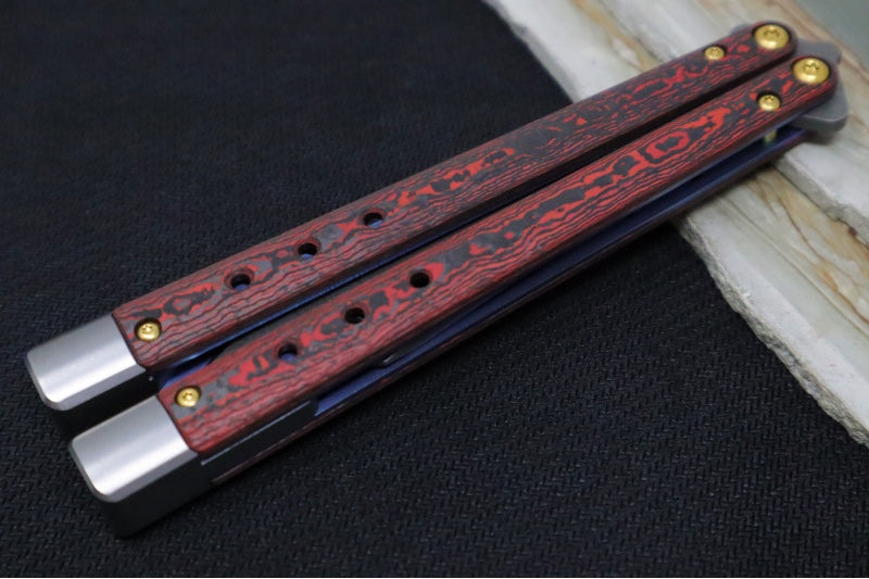 Benchmade Necron 99-241 Gold Class Balisong Butterfly Knife - Weehawk Damasteel / Scimitar-Clip Point Blade / Lava Flow Fatcarbon Carbon Fiber Handle / Removable Tungsten Weights / Black Alligator Leather Sheath - Northwest Knives