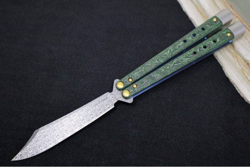 Benchmade Necron 99-242 Gold Class Balisong Butterfly Knife - Weehawk Damasteel / Scimitar-Clip Point Blade / Jungle Wear Fatcarbon Carbon Fiber Handle / Removable Tungsten Weights / Black Alligator Leather Sheath - Northwest Knives