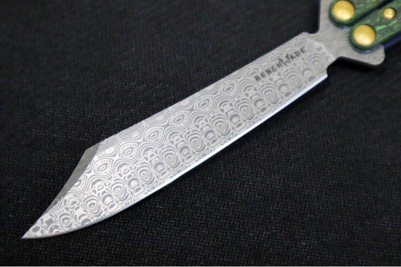 Benchmade Necron 99-242 Gold Class Balisong Butterfly Knife - Weehawk Damasteel / Scimitar-Clip Point Blade / Jungle Wear Fatcarbon Carbon Fiber Handle / Removable Tungsten Weights / Black Alligator Leather Sheath - Northwest Knives
