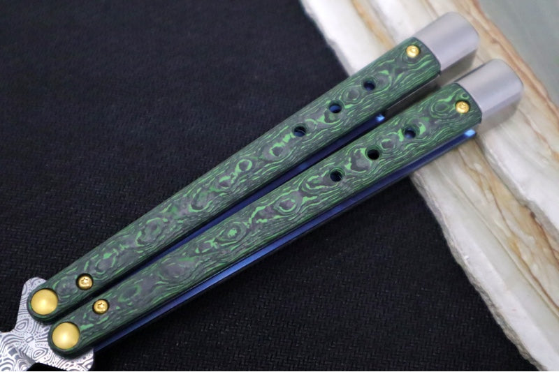 Benchmade Necron 99-242 Gold Class Balisong Butterfly Knife - Weehawk Damasteel / Scimitar-Clip Point Blade / Jungle Wear Fatcarbon Carbon Fiber Handle / Removable Tungsten Weights / Black Alligator Leather Sheath - Northwest Knives