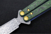 Benchmade Necron 99-242 Gold Class Balisong Butterfly Knife - Weehawk Damasteel / Scimitar-Clip Point Blade / Jungle Wear Fatcarbon Carbon Fiber Handle / Removable Tungsten Weights / Black Alligator Leather Sheath - Northwest Knives