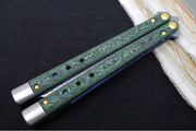 Benchmade Necron 99-242 Gold Class Balisong Butterfly Knife - Weehawk Damasteel / Scimitar-Clip Point Blade / Jungle Wear Fatcarbon Carbon Fiber Handle / Removable Tungsten Weights / Black Alligator Leather Sheath - Northwest Knives