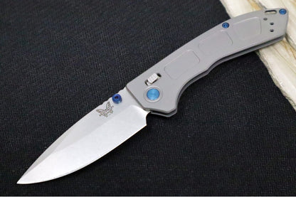 Benchmade 743 Mini Narrows Folder - Grey Titanium Handle / CPM-20CV Steel / Drop Point Blade / Sapphire Blue PVD Coated Hardware