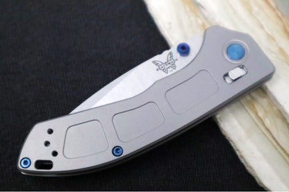 Benchmade 743 Mini Narrows Folder - Grey Titanium Handle / CPM-20CV Steel / Drop Point Blade / Sapphire Blue PVD Coated Hardware