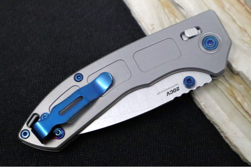 Benchmade 743 Mini Narrows Folder - Grey Titanium Handle / CPM-20CV Steel / Drop Point Blade / Sapphire Blue PVD Coated Hardware