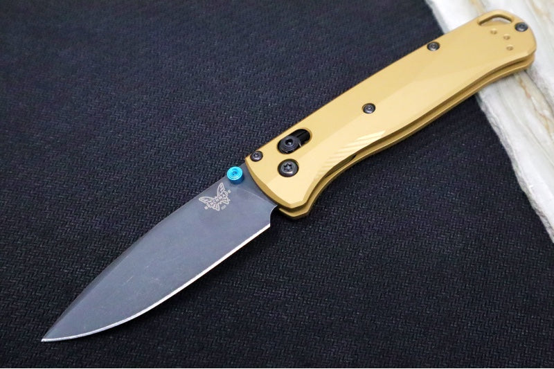 Benchmade 535BK-07 Bugout - M390 Steel / Drop Point Blade / Black DLC Battlewashed Finish / Burnt Brass Aluminum Handle