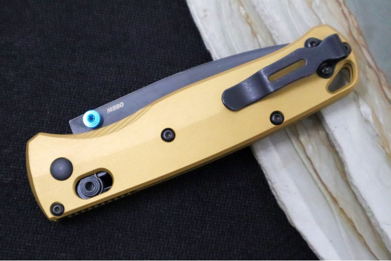 Benchmade 535BK-07 Bugout - M390 Steel / Drop Point Blade / Black DLC Battlewashed Finish / Burnt Brass Aluminum Handle - Northwest Knives