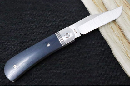 Jack Wolf Knives Benny's Clip Slip Joint - Blue Linen Micarta Inlay / Polished Stainless Steel Bolsters / Sandvik Steel