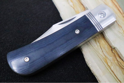 Jack Wolf Knives Benny's Clip Slip Joint - Blue Linen Micarta Inlay / Polished Stainless Steel Bolsters / Sandvik Steel