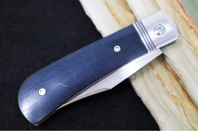 Jack Wolf Knives Benny's Clip Slip Joint - Blue Linen Micarta Inlay / Polished Stainless Steel Bolsters / Sandvik Steel