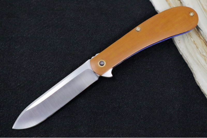 Preowned Doc Shiffer Backpocket Flipper Custom - Drop Point Blade / Nitro-V Steel / Brown Micarta & Anodized Titanium Handle / Gold Accents