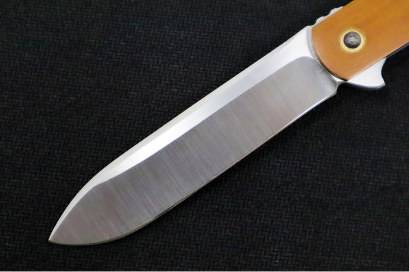 Preowned Doc Shiffer Backpocket Flipper Custom - Drop Point Blade / Nitro-V Steel / Brown Micarta & Anodized Titanium Handle / Gold Accents