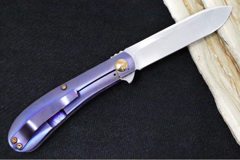 Preowned Doc Shiffer Backpocket Flipper Custom - Drop Point Blade / Nitro-V Steel / Brown Micarta & Anodized Titanium Handle / Gold Accents